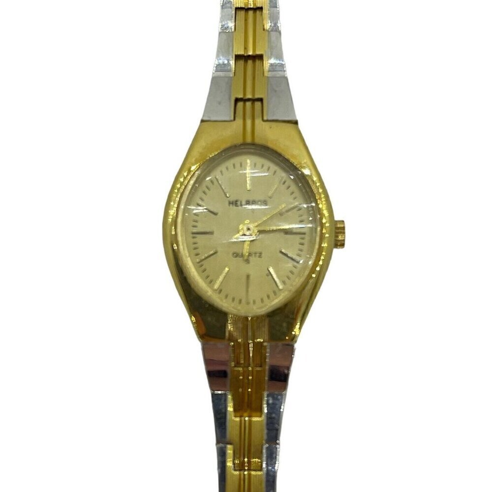 Vintage Helbros Quartz Women's Oval Watch Y481F 89-4 Two Tone Gold Tone Face